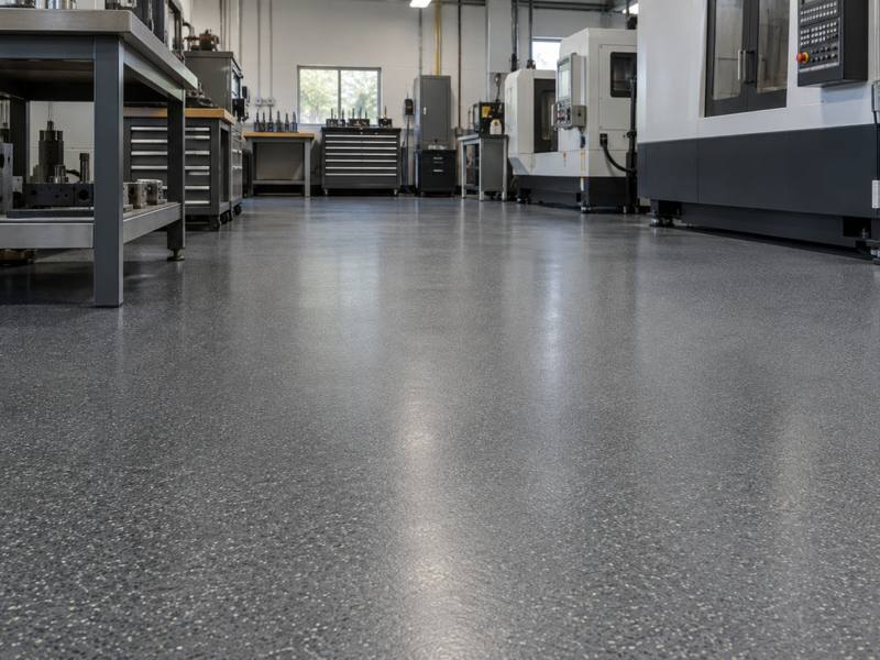 Toolroom benches and machine tools standing on a coated industrial floor in Oxford County