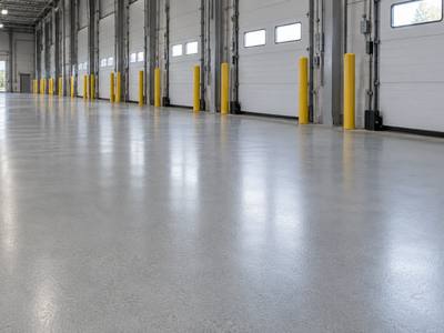 Coated floor running the length of a loading dock corridor in a Woodstock warehouse
