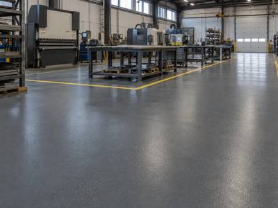 Yellow bay outline marked on a metal fabrication shop floor in Oxford County