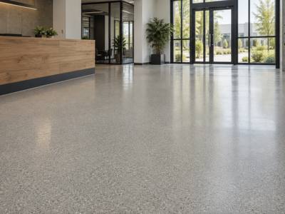 Polished industrial floor through the lobby of a Woodstock manufacturing facility