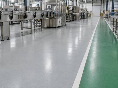Coated floor with a green walkway beside a packaging line in an Ingersoll plant