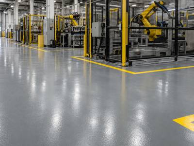 Yellow hatched floor marking around a guarded robot cell in a Woodstock plant