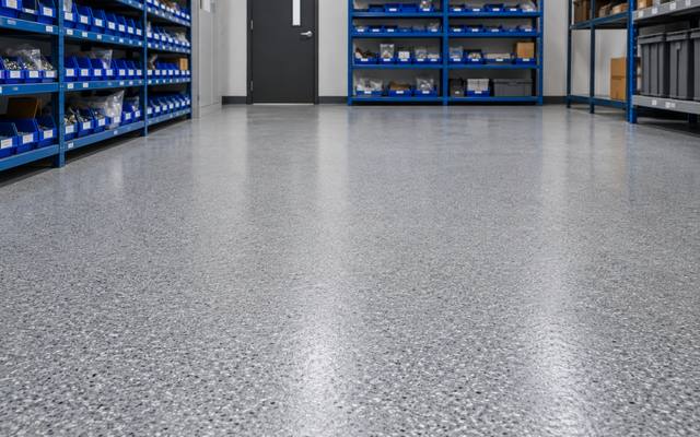 Resurfaced concrete floor with a fine broadcast texture in an Oxford County inventory room