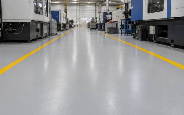 Industrial epoxy flooring marked with yellow lanes through an injection moulding plant in Woodstock