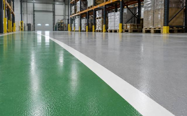 Green and white warehouse line painting marking a pedestrian walkway on a grey coated floor