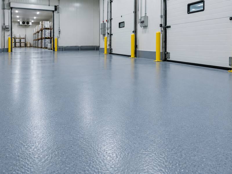 Cold storage entrance with a sealed industrial floor running up to the insulated doors in Woodstock